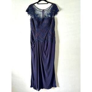 Jade Couture navy blue cap sleeve long gown with lace embordered top size 10
